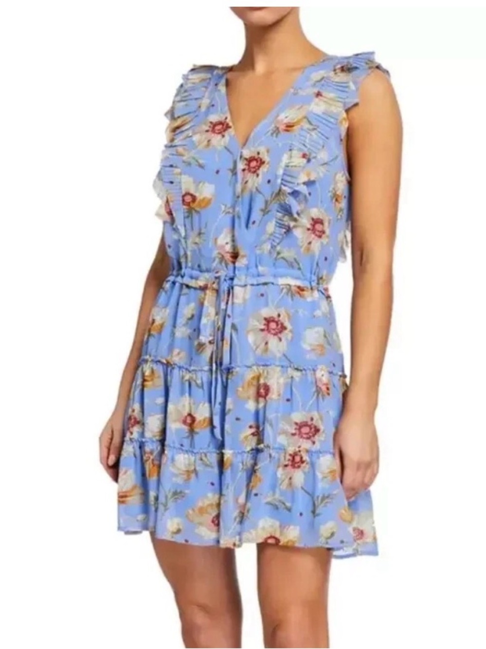 Paige Barbarella Silk Boho Blue Floral Ruffles Cottagecore Mini Dress Medium